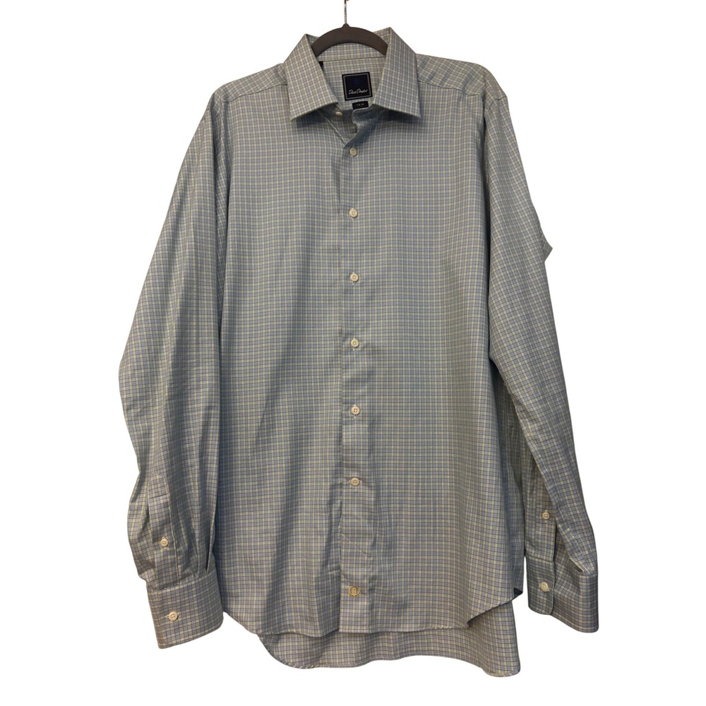 David Donahue Trim Fit Dress Shirt Mens 17 36/37 Blue Yellow Micro Check Cotton